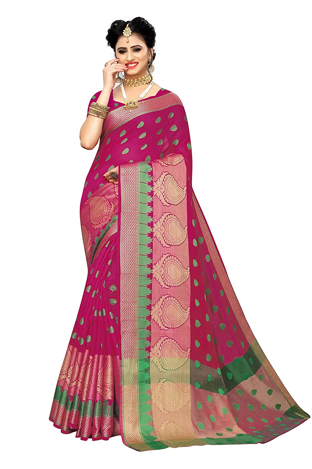Anni Designer Women's Pink Color Art Banarasi Silk Jacquard Print Saree With Blouse Piece