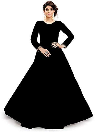 Generic Women's Taffeta Silk sami-stiched Black Color anarkali gown