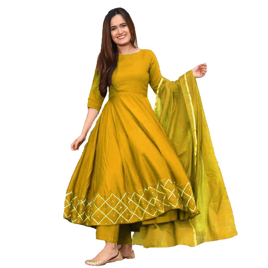 GoSriKi Women's Rayon Anarkali Yellow Colour Kurta With Gold Printed Dupatta