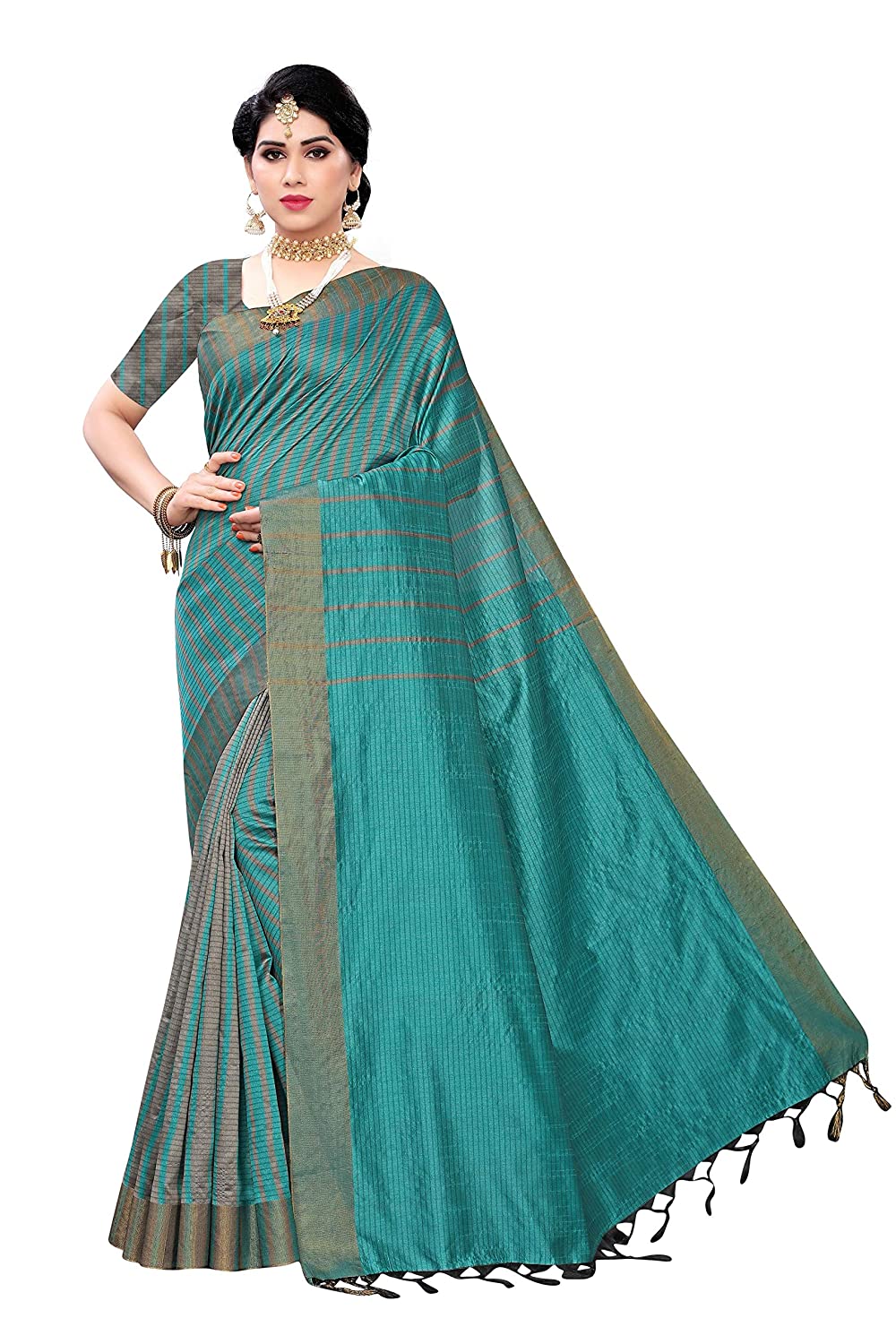 GoSriKi women's Rama cotton silk printed saree with blouse piece (paithani rama_free size).