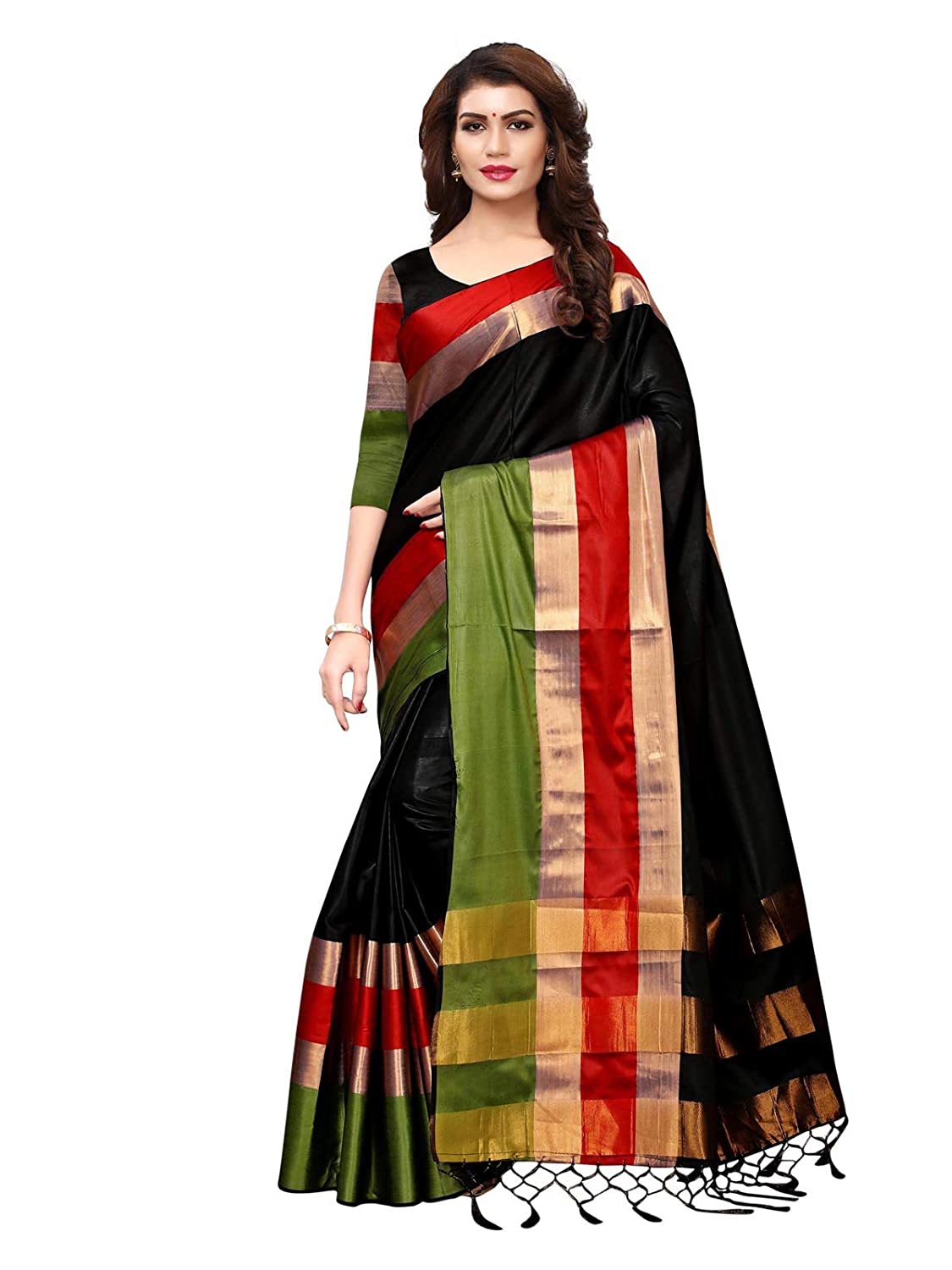 Kanchnar Women's Black Color Poly Silk Woven Maheshwari Saree
