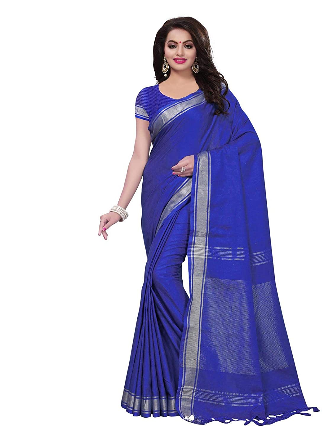 Kanchnar Women's Maheshwari Blue Color Linen Saree With Blouse