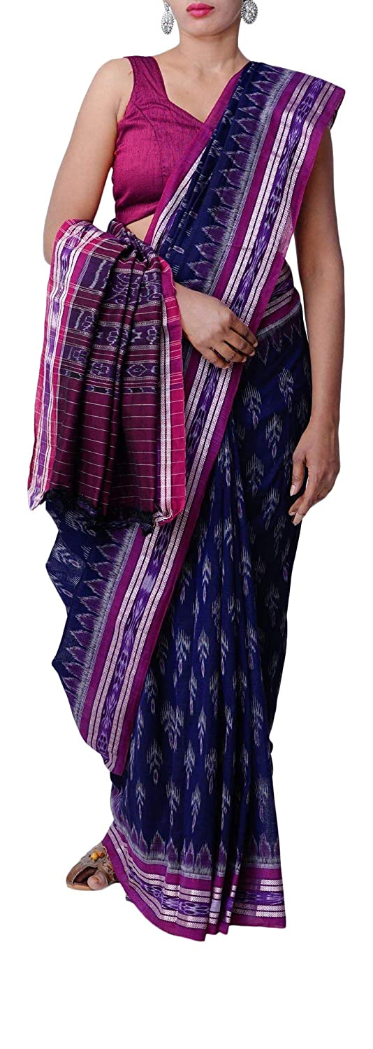 ODISHA HANDLOOM Women's Sambalpuri Blue Colour Cotton Saree Without Blouse Piece