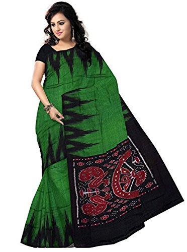 Odisha handloom Women's Sambalpuri Synthetic Green Color Saree With Blouse Piece