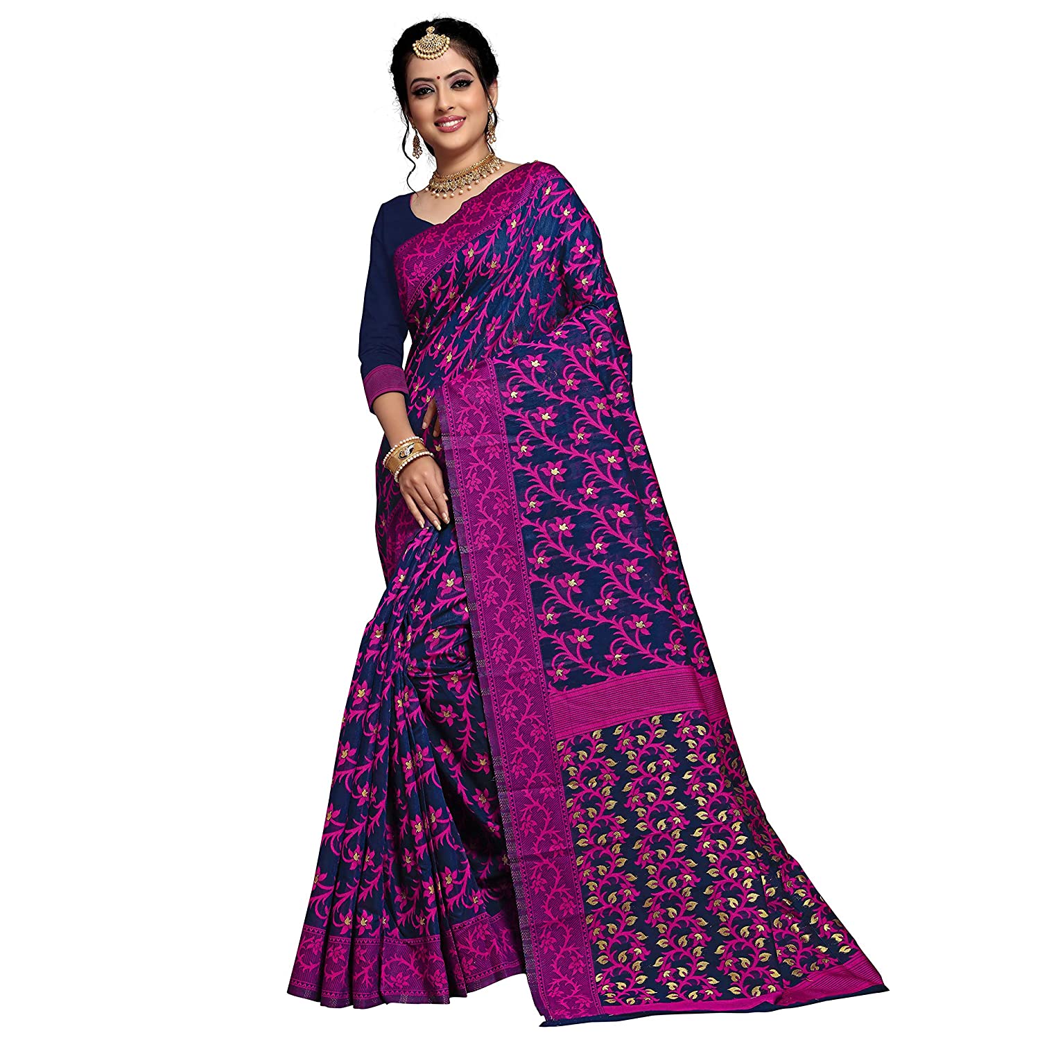 RK Fashion Women's Jamdani Multicolored Cotton Blend Saree With Running Blouse