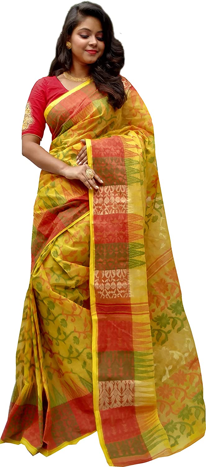 Women's Jamdani Gold & Yellow Cotton Saree Without Blouse Piece